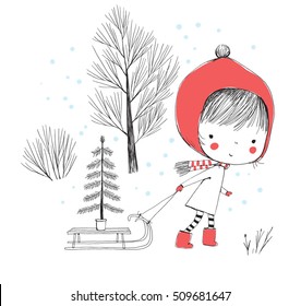 girl with Christmas tree