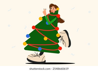 Girl in a Christmas tree costume. Flat vector illustration.