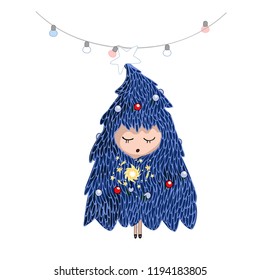 Girl in a Christmas tree costume. graphic illustration