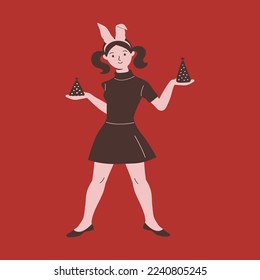 Girl with Christmas trees and rabbit ears on head. Vector illustration isolated on red background. Merry Christmas and Happy New Year
