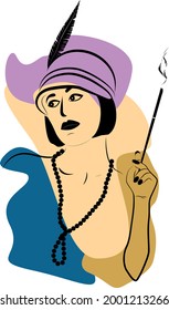 Girl with a cigar in a mouthpiece in a hat with a feather in the style of the 30s with beads. The lady looks to the side with an unsatisfied look. Bob hairstyle. The style of the great Gatsby. Poster 