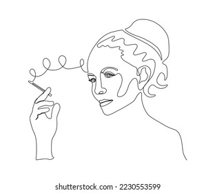 a girl with a cigarette in the style of one line art, monoline