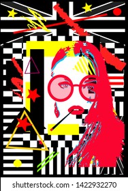 Girl with cigarette and sunglasess, british flag, colorful pop art background, 