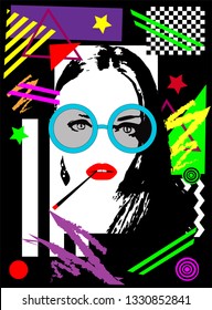 Girl with cigarette and sunglasess colorful pop art background 