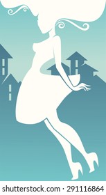 girl in the city, vector commercial background with girl silhouette