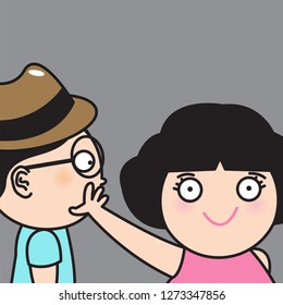 Girl Clamping A Hand Over Boy Mouth To Shut Him Up. Concept Of Funny Fighting Quarrel Couple Card Character illustration