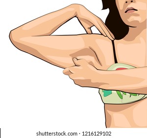 The girl clamps the fold of the hand with  fingers. Women with fat hands