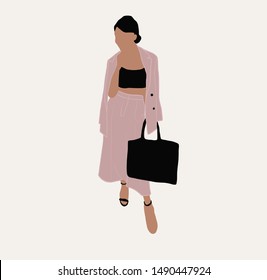 girl in a classic suit with a shopper or an eco bag. Hand drawn fashion human silhouette dressed in trendy clothes.