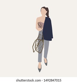girl in a classic suit with a shopper, an eco bag. Hand drawn fashion human silhouette dressed in trendy clothes.