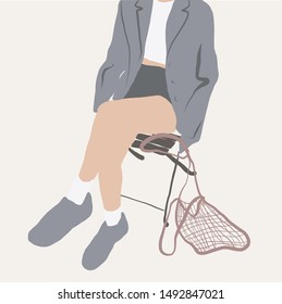 girl in a classic suit with a shopper, an eco bag. Hand drawn fashion human silhouette dressed in trendy clothes.