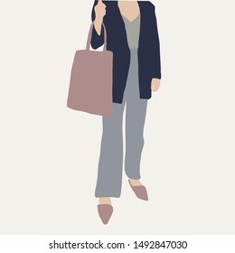 girl in a classic suit with a shopper, an eco bag. Hand drawn fashion human silhouette dressed in trendy clothes.