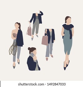 girl in a classic suit with a shopper or an eco bag. Hand drawn fashion human silhouette dressed in trendy clothes. Flat people figure set. 