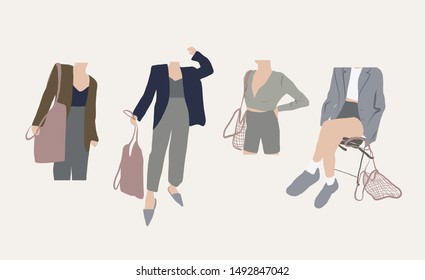 girl in a classic suit with a shopper or an eco bag. Hand drawn fashion human silhouette dressed in trendy clothes. Flat people figure set. 