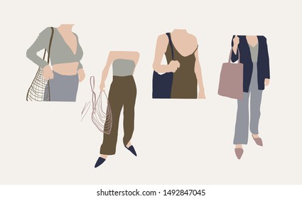 girl in a classic suit with a shopper or an eco bag. Hand drawn fashion human silhouette dressed in trendy clothes. Flat people figure set. 