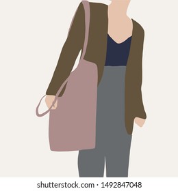 girl in a classic suit with a shopper, an eco bag. Hand drawn fashion human silhouette dressed in trendy clothes.