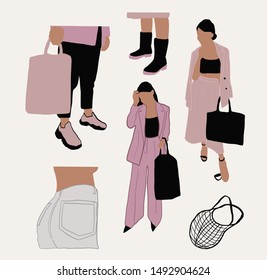 girl in a classic suit with a shopper or an eco bag. Hand drawn fashion human silhouette dressed in trendy clothes. Flat people figure set. 