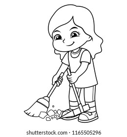 Girl Clean Up Garbage With Broom And Dust Pan BW.
