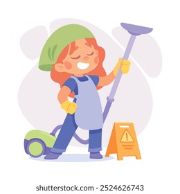 Girl Cleaner or Housemaid with Vacuum as Child Profession Vector Illustration