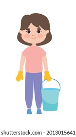 girl with cleaning bucket and gloves