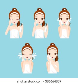 Girl Cleaning And Care Her Face With Various Actions Set, Treatment, Beauty, Cosmetic, Makeup, Healthy, Lifestyle