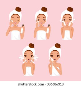 Girl Cleaning And Care Her Face With Various Actions Set, Treatment, Beauty, Cosmetic, Makeup, Healthy, Lifestyle