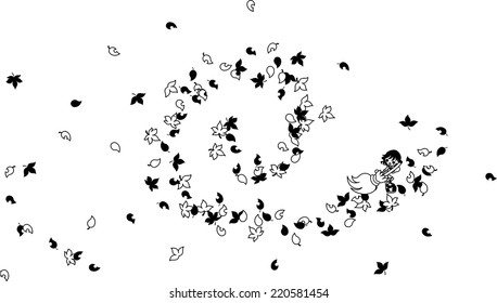 A girl is cleaning fallen leaves in one autumn day. Various leaves are beautifully soar with the wind.