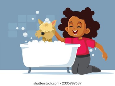 
Girl Cleaning her Dog using Water and Soap Vector Cartoon. Pet owner taking care of his little doggie at home
