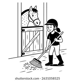 Girl cleaning horse stable with a broom
