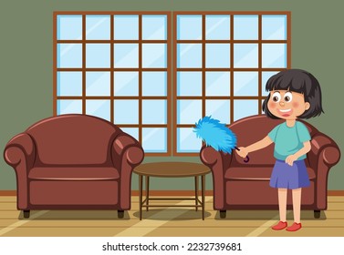 Girl cleaning living room illustration