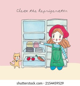 girl cleaning the refrigerator with cat