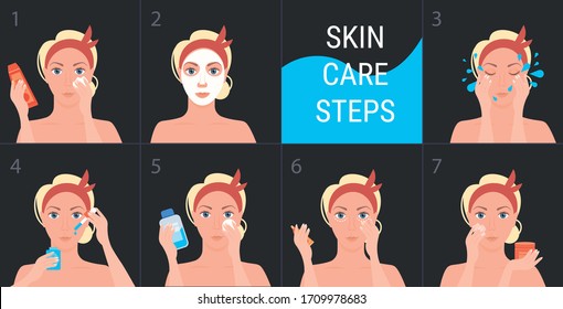 girl cleaning removing make up washing and care her face steps of facial treatment procedures skincare healthy lifestyle concept vector illustration