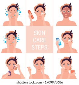 girl cleaning removing make up washing and care her face steps of facial treatment procedures skincare healthy lifestyle concept vector illustration