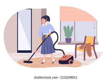 Girl cleaning room. Woman is vacuuming a carpet. Daily routines and everyday activities of young women spend time. Flat cartoon vector illustration.