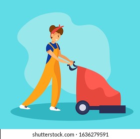 Girl cleaning service worker using scrubber machine (floor washing machine) in a large public area. Vector illustration concept with flat cartoon character.
