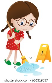 Girl cleaning wet floor