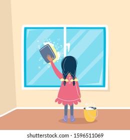 Girl cleaning a window by sponge and soap. Child householding. Washing concept. Vector illustration, cartoon flat style. 