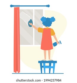 Girl cleaning the window vector isolated. Child doing domestic routine. Washing glass window with sponge.