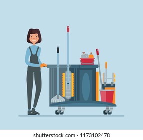 Girl cleaning woman in overalls with trolley and mops. Cartoon young girl in blue overalls.