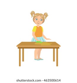 Girl Cleaning The Wooden Table