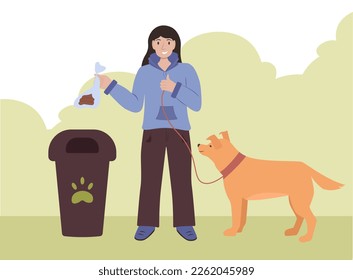 Girl cleans up after her dog, cleaning up after animals, woman walks a dog