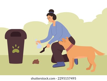 Girl cleans up after her dog, cleaning up after animals, woman walks a dog