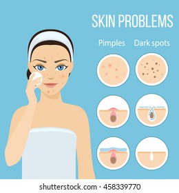 Girl cleans her face with cosmetic lotion. Skin problems solution, home remedies. Vector stock illustration.