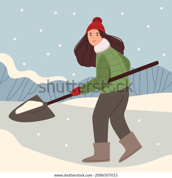 The girl cleans the snow\
with a shovel. Winter activity. Snow removal. The car was covered\
with snow.