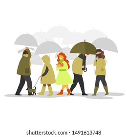 the girl clearly stands out among the crowd. people in the rain. girl happy autumn