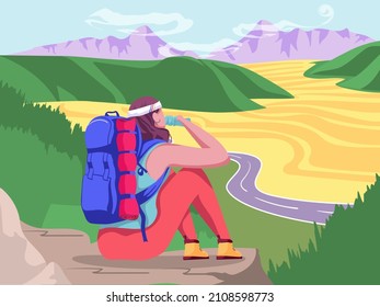 Girl climbed on a rock, sitting, drinking water and exploring nature. Outside hobby. Colourful cartoon vector landscape with mountain, plain and road. Back view.