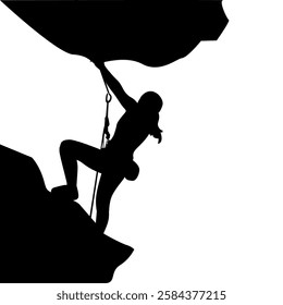 Girl climber black silhouette outdoor climbing banner, design sport adventure, rock ascent fitness, strength challenge, height activity, endurance balance, vector illustration