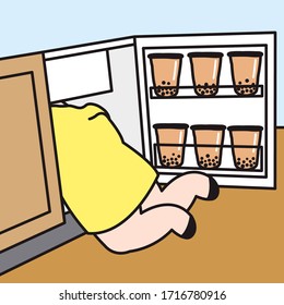 Girl Climbing Inside The Fridge Finding Something To Eat During The Confinement, Quarantine Or Lockdown Period Concept Card Character illustration