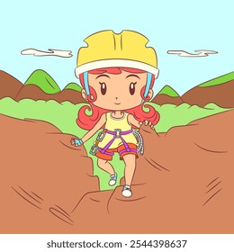 Girl climbing mountain, rock climber, vector illustration
