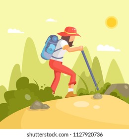 A girl is climbing a mountain.Web vector illustration on the theme of Climbing, Trekking, Hiking, Walking. Sports, outdoor recreation, adventures in nature, vacation. 