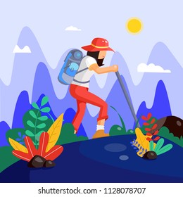 A girl is climbing a mountain.Web vector illustration on the theme of Climbing, Trekking, Hiking, Walking. Sports, outdoor recreation, adventures in nature, vacation. 